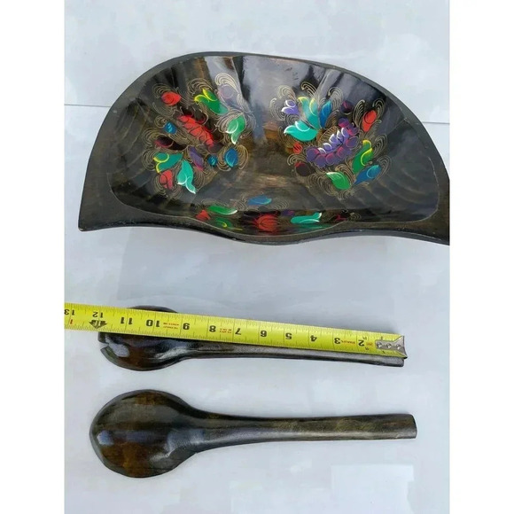 Folk Art Hand Carved Wooden Bowl Serving Utensils Hand Painted Serving Dish - Picture 6 of 11